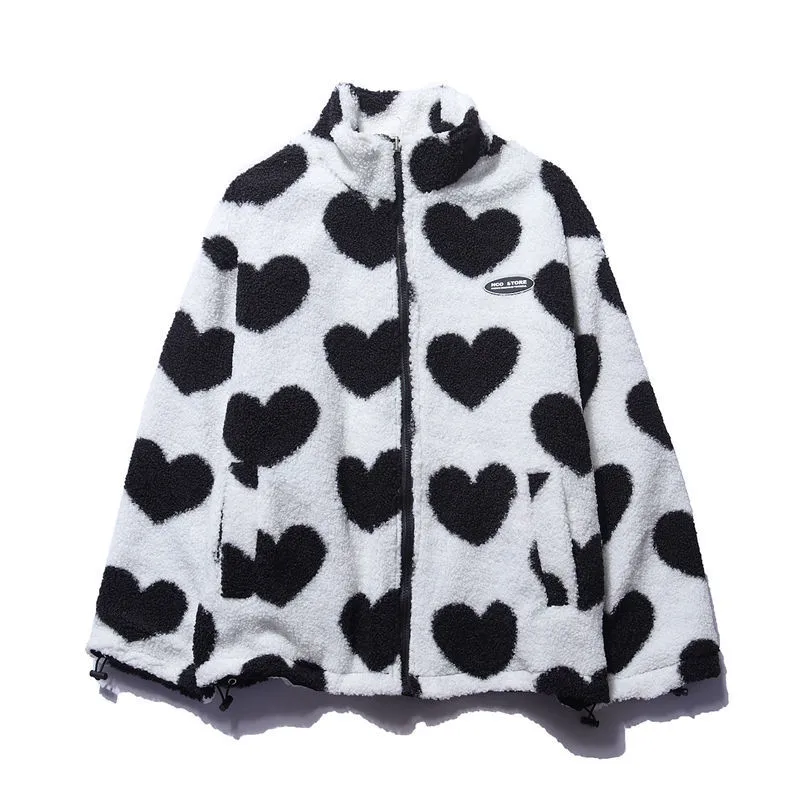 Double-Sided Warm Lined Coat with Heart Print