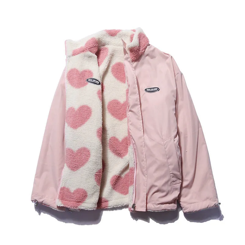 Double-Sided Warm Lined Coat with Heart Print